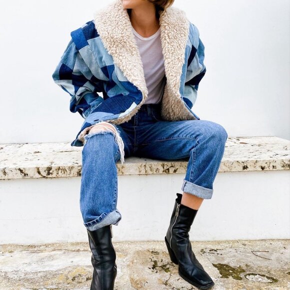 NWT Sea Newyork Diego Patchwork Denim Faux Shearling Coat Size XS - Picture 11 of 13